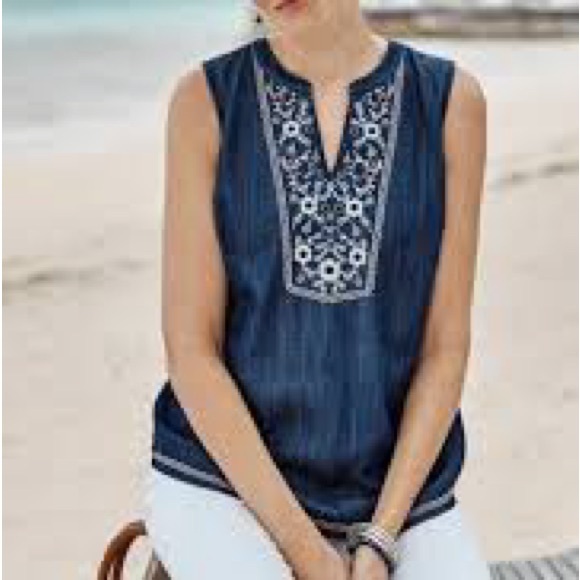 J. Jill Denim Shirt Top Blue Embroidered Tunic Sleeveless Top Size L Chambray - Picture 1 of 12